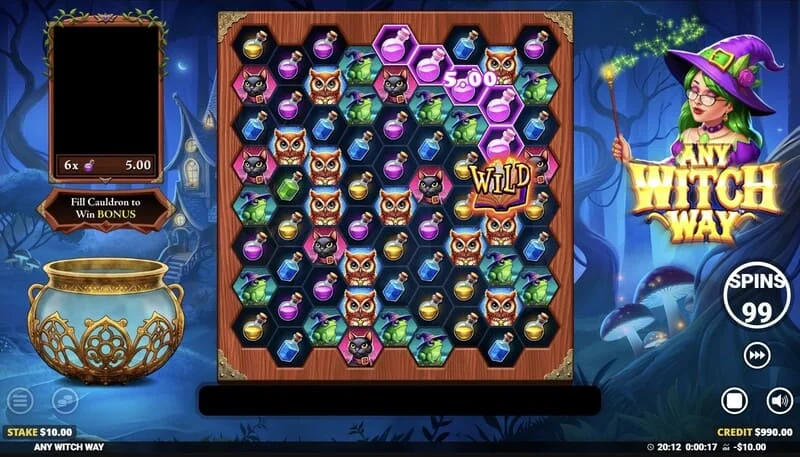 Any Witch Way - Schermata di gioco con calderone e griglia 9x8